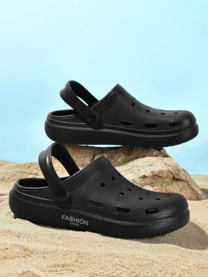 Men Letter Graphic Hollow Out Multi-way Wear Clogs, Fashionable Black EVA Vented Clogs For Indoor & Outdoor