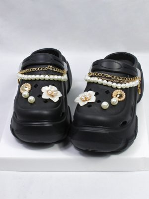 Women’s Diy Pearl Chain & Jasmine Flower Heart Shaped Pearl Integrated Insert Buckle Decoration Hollow Out Fashion Outdoor Eva Material Hollow Shoes [to Prevent Creases, Detachable Accessories Need To Be Individually Packaged]