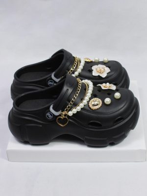 Women’s Diy Pearl Chain & Jasmine Flower Heart Shaped Pearl Integrated Insert Buckle Decoration Hollow Out Fashion Outdoor Eva Material Hollow Shoes [to Prevent Creases, Detachable Accessories Need To Be Individually Packaged]