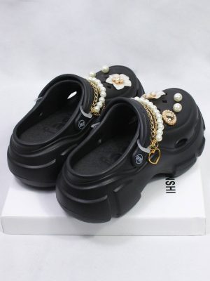 Women’s Diy Pearl Chain & Jasmine Flower Heart Shaped Pearl Integrated Insert Buckle Decoration Hollow Out Fashion Outdoor Eva Material Hollow Shoes [to Prevent Creases, Detachable Accessories Need To Be Individually Packaged]