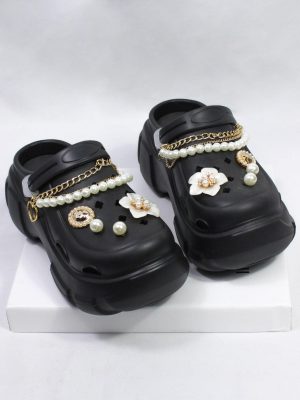 Women’s Diy Pearl Chain & Jasmine Flower Heart Shaped Pearl Integrated Insert Buckle Decoration Hollow Out Fashion Outdoor Eva Material Hollow Shoes [to Prevent Creases, Detachable Accessories Need To Be Individually Packaged]