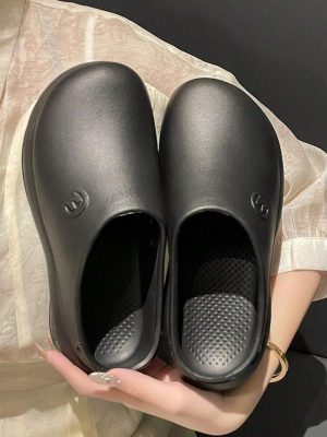 Women’s Solid Color Mules, Casual Garden Shoes, Comfortable Waterproof Lazy Shoes, Bird’s Nest Shoes, Couple Beach Shoes, Water Shoes, Black Plus Size Casual Shoes