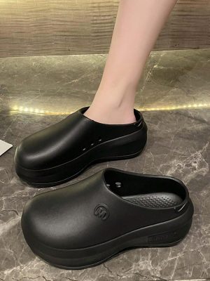 Women’s Solid Color Mules, Casual Garden Shoes, Comfortable Waterproof Lazy Shoes, Bird’s Nest Shoes, Couple Beach Shoes, Water Shoes, Black Plus Size Casual Shoes