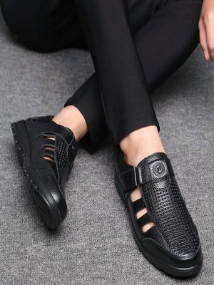 Men’s Leather Sandals, Summer 2024 New, Anti-Skid Soft Bottom, Breathable Hollow, Middle Aged And Elderly Chunky Shoes