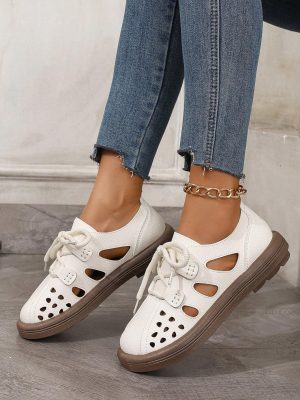 Women’s White Lace Up Hollow Shoes, Plus Size