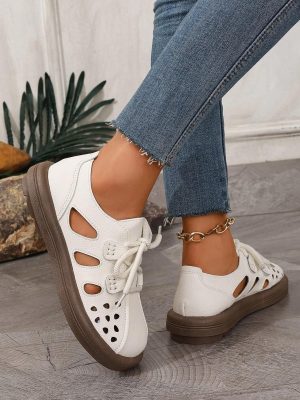 Women’s White Lace Up Hollow Shoes, Plus Size