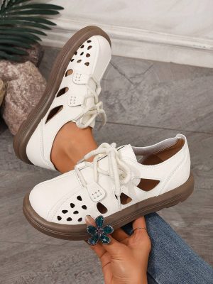 Women’s White Lace Up Hollow Shoes, Plus Size