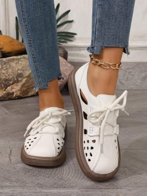 Women’s White Lace Up Hollow Shoes, Plus Size