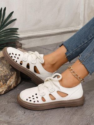 Women’s White Lace Up Hollow Shoes, Plus Size